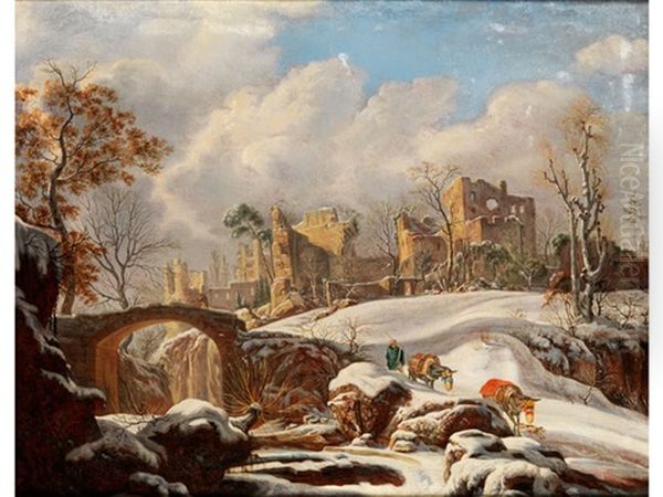 Winterlandschaft Mit Burgruine Auf Einer Anhohe Uber Einem Vereisten Fluss Mit Bogenbrucke (or Painted By Johann Balthasar Ii Bullinger) Oil Painting by Johann Balthasar Bullinger the Elder