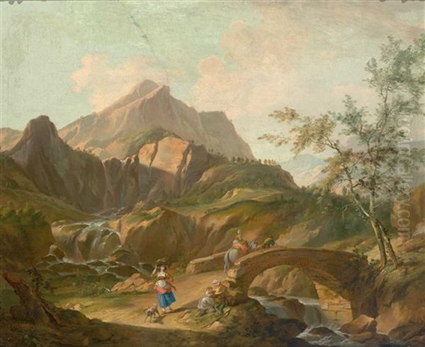 Felsige Landschaft Mit Landbevolkerung An Einer Steinernen Brucke Oil Painting by Johann Balthasar Bullinger the Elder