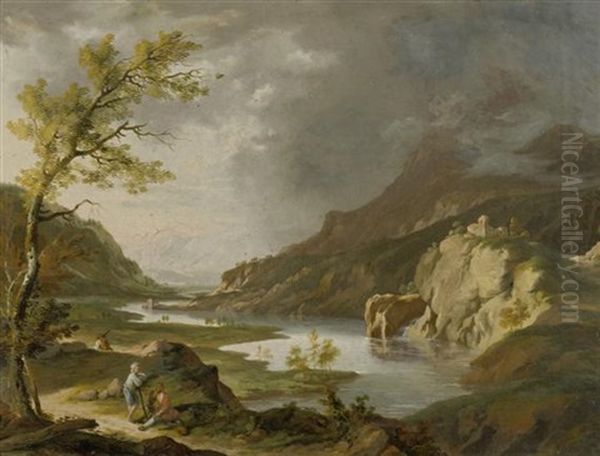 Idyllische Gebirgslandschaften Mit Wanderern (pair) Oil Painting by Johann Balthasar Bullinger the Elder