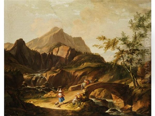 Schweizer Gebirgslandschaft Mit Steinbrucke Uber Einen Wasserfall Und Figurenstaffage Oil Painting by Johann Balthasar Bullinger the Elder