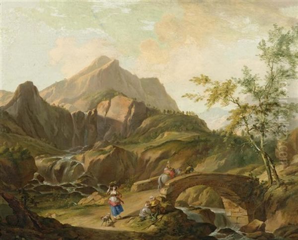 Gebirgslandschaft Mit Einer Brucke Uber Einen Fluss Und Hirten Oil Painting by Johann Balthasar Bullinger the Elder