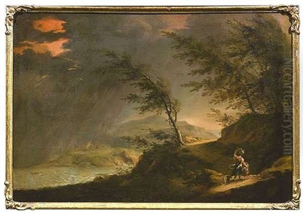 Gewittersturm Uber Einer Seenlandschaft. Eine Mutter Und Ihr Kind Kampfen Gegen Den Wind An Oil Painting by Johann Balthasar Bullinger the Elder