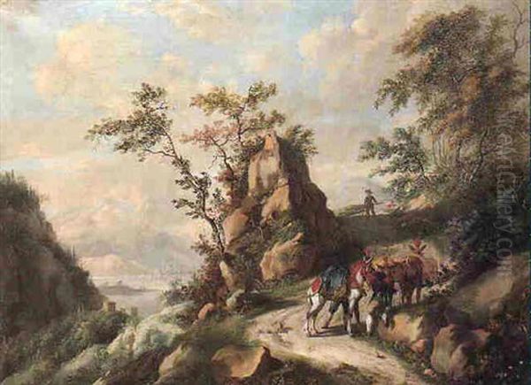 Bandits Resting Their Horses On A Rocky Country Path, A Mediterranean Harbor And Mountains Beyond Oil Painting by Johann Balthasar Bullinger the Elder