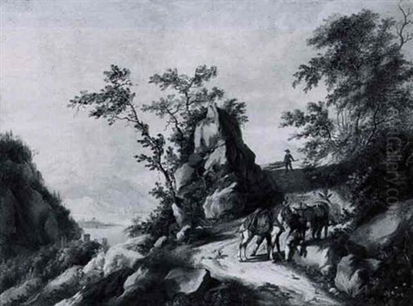 A Mountainous Landscape With Muleteers On A Path Overlooking A Lake Oil Painting by Johann Balthasar Bullinger the Elder