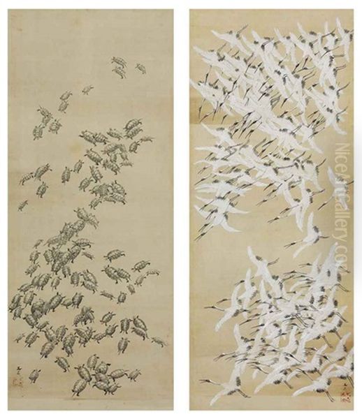 One Hundred Cranes (+ One Hundred Turtles; Pair) Oil Painting by Tani Buncho