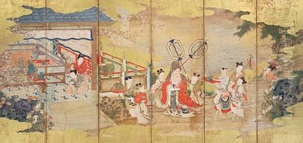 Fukurokuju And Attendants (in 6 Parts) Oil Painting by Tani Buncho