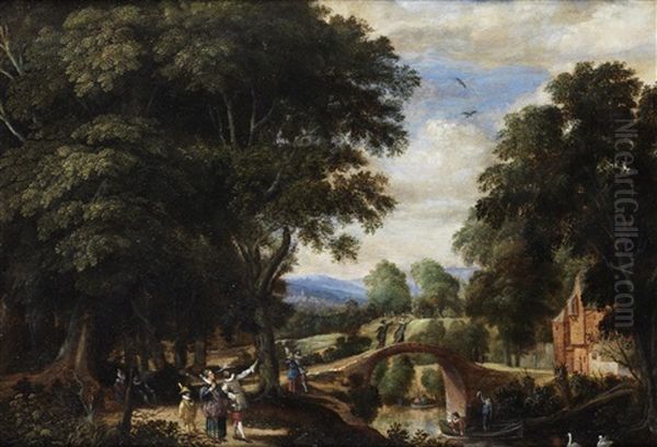 Elegant Figures Conversing In A River Landscape, With A Bridge In The Distance Oil Painting by Willem Van Den Bundel