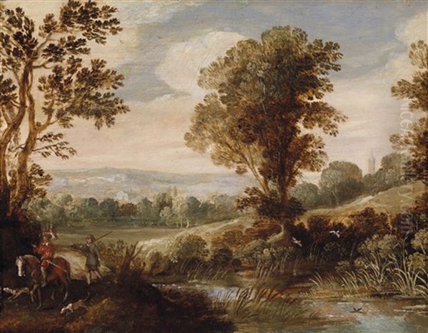 Landschaft Mit Einem Falkenjager, Einem Jagdknecht Und Zwei Hunden Oil Painting by Willem Van Den Bundel