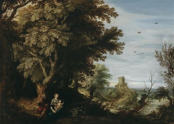 Bewaldete Landschaft Mit Einem Turm, Im Vordergrund Die Ruhe Auf Der Flucht Nach Agypten Oil Painting by Willem Van Den Bundel