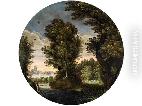 Baumlandschaft Mit Flusslauf, Einem Hirten Mit Schafherde Auf Der Waldlichtung Sowie Einem Mann Im Kahn Oil Painting by Willem Van Den Bundel