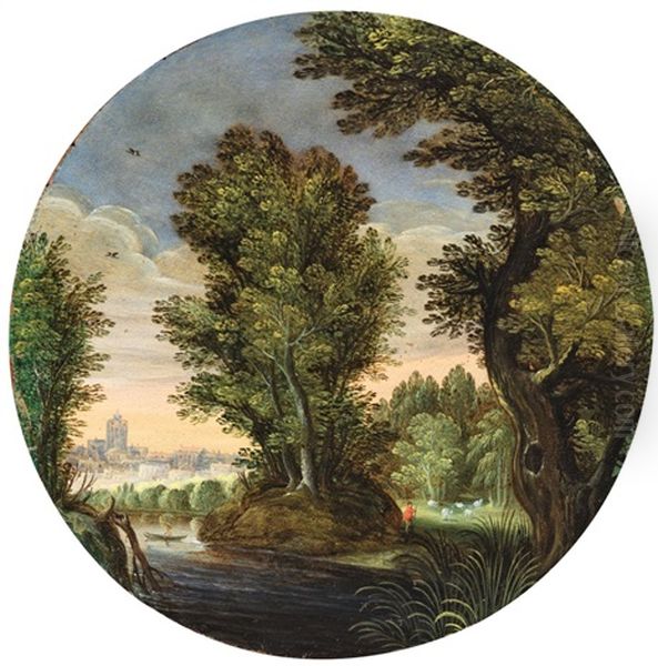 Bewaldete Landschaft Mit Einem Hirten Und Stadt Im Hintergrund Oil Painting by Willem Van Den Bundel