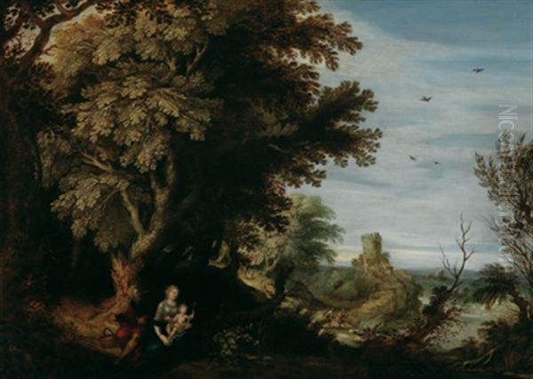 Bewaldete Landschaft Mit Einem Turm, Im Vordergrund Die Ruhe Auf Der Flucht Nach Agypten Oil Painting by Willem Van Den Bundel