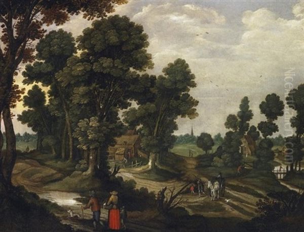 Bauerliche Siedlung Am Waldesrand Mit Staffagefiguren Oil Painting by Willem Van Den Bundel