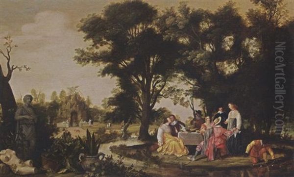 An Elegant Company Resting And Drinking In A Park Landscape Oil Painting by Willem Van Den Bundel