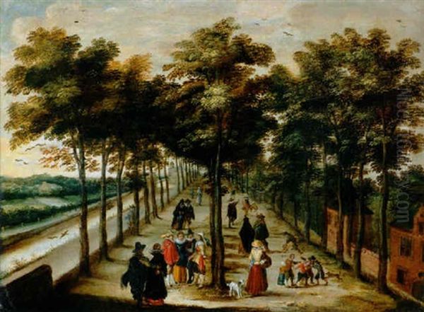 Blick In Eine Allee Entlang Einem Kanal In Holland Mit Vielen Eleganten Figuren Und Bauern Oil Painting by Willem Van Den Bundel