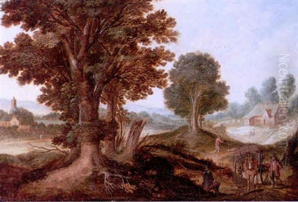 A Wooded Landscape With A Cart And Travellers On A Path In The Foreground, A Cottage, A Village And Mountains Beyond Oil Painting by Willem Van Den Bundel