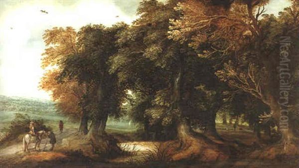 A Wooded Landscape With Travellers On A Country Path, An Extensive Landscape Beyond Oil Painting by Willem Van Den Bundel