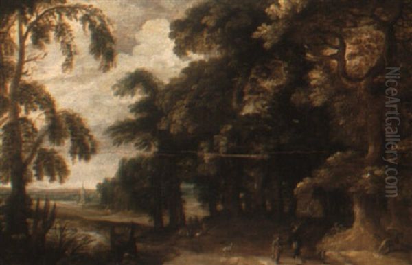 A Wooded River Landscape With A Hunting Party Oil Painting by Willem Van Den Bundel