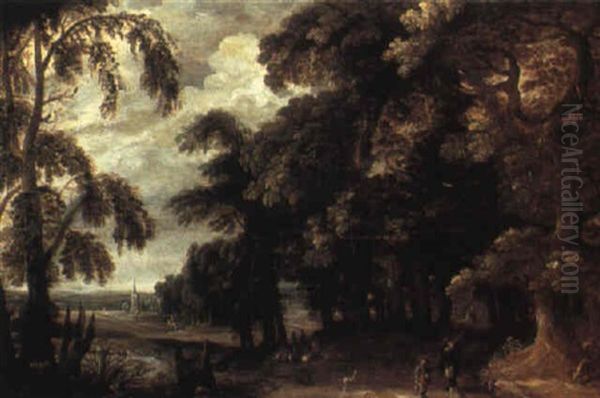 Wooded River Landscape With A Hunting Party Oil Painting by Willem Van Den Bundel