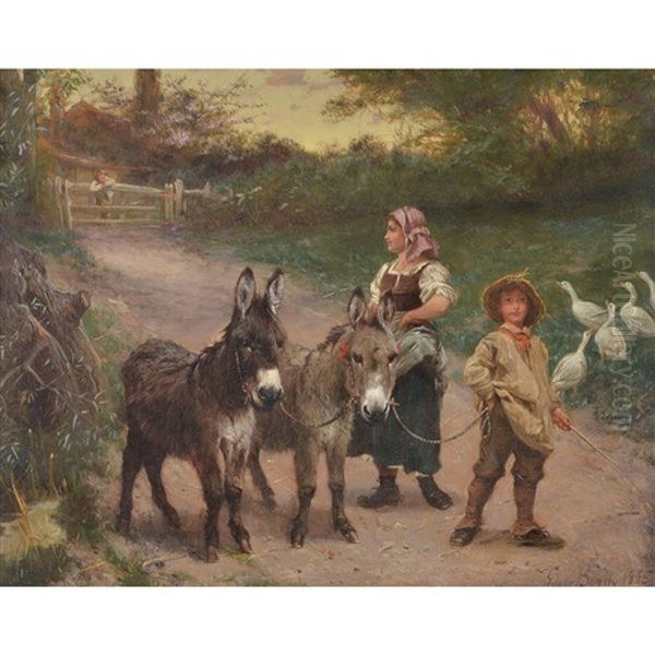 Peasant Children With Donkeys And Geese Oil Painting by Edgar Bundy