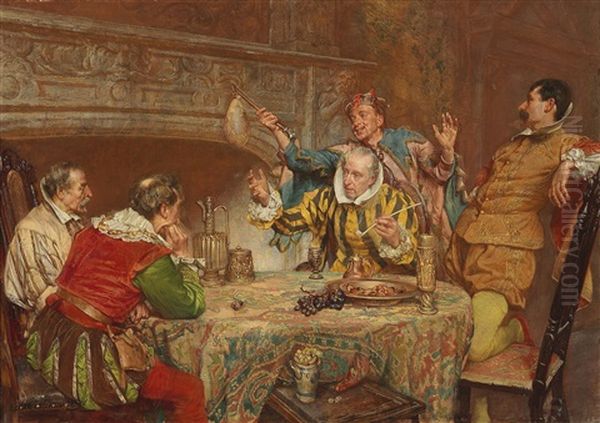 Merry Dinner Party With Court Jester Oil Painting by Edgar Bundy