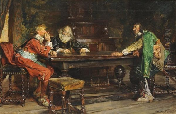 Gentlemen Seated In Discussion Around A Table Oil Painting by Edgar Bundy