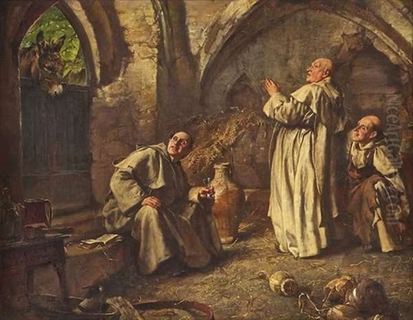 Caught Out, Three Monks Caught Out By An Ass Oil Painting by Edgar Bundy