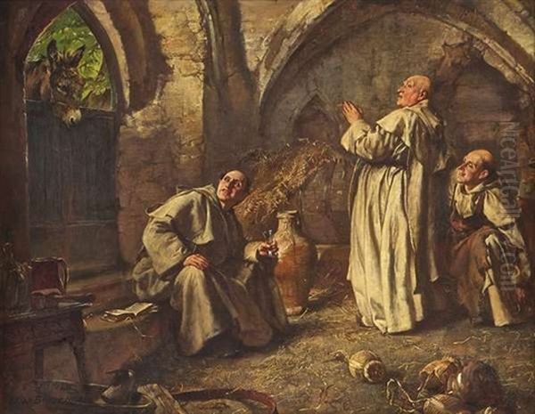 Caught Out, Three Monks Caught Out By An Ass Oil Painting by Edgar Bundy