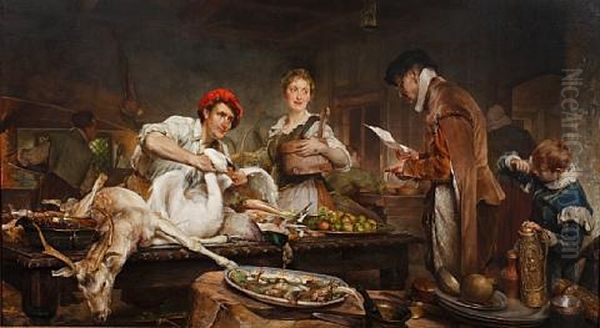 Figures Preparing For An Extravagant Feast, With Game, Including Swan, Upon The Table Oil Painting by Edgar Bundy