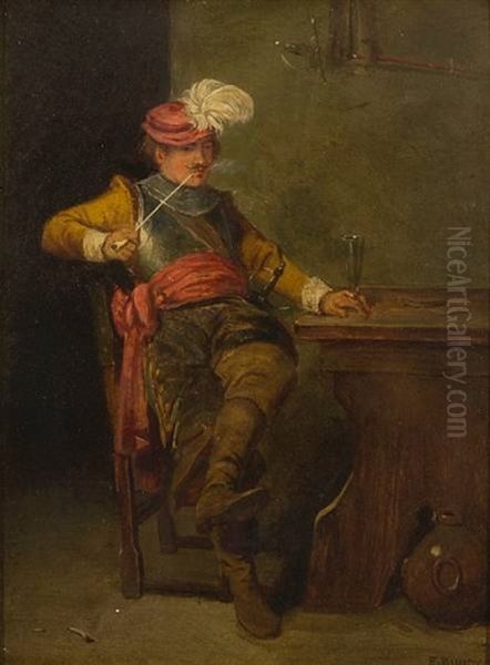 A Cavalier Smoking A Pipe In A Tavern Oil Painting by Edgar Bundy