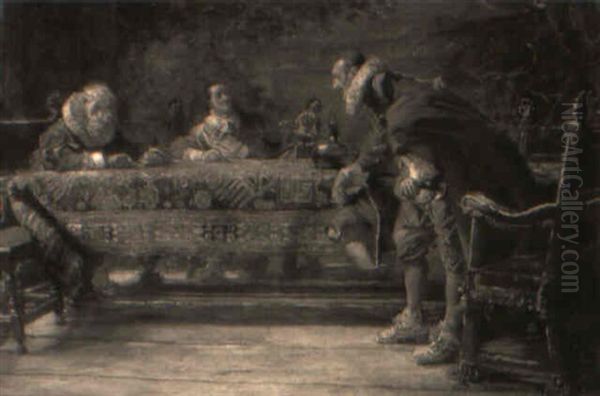 Three Cavalier Figures Gathered Around A Table by Edgar Bundy