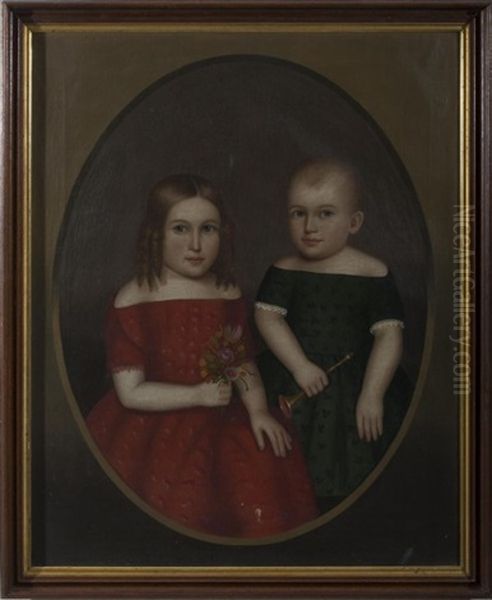 Portrait Of A Young Brother And Sister, The Boy Holding A Small Trumpet, The Girl A Bunch Of Posies Oil Painting by Horace Bundy