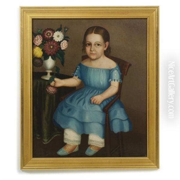 Portrait Of Young Girl With Vase Of Zinnia Blooms, Wearing Blue Dress, And Shoes Oil Painting by Horace Bundy