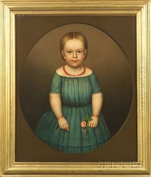 Portrait Of Little Girl In Blue Wearing Coral Jewelry Oil Painting by Horace Bundy