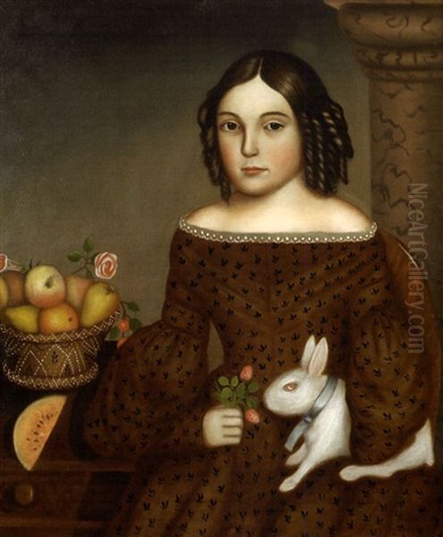 Portrait Of Young Girl With Ringlets Holding A White Rabbit Oil Painting by Horace Bundy