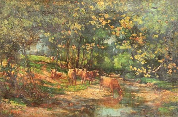 Cows Watering A Lush Green Forest Landscape Oil Painting by John Elwood Bundy