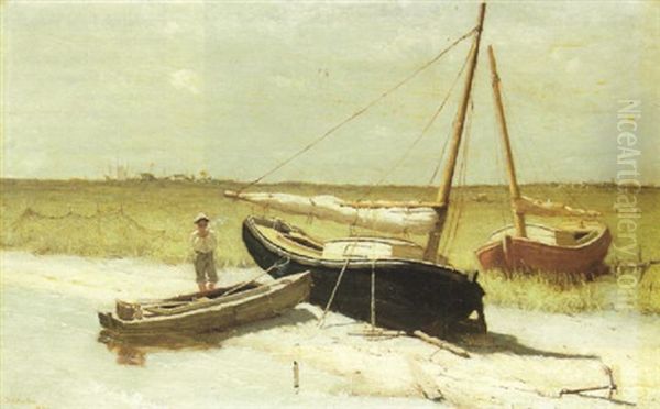 Two Beached Sailboats And A Dory Oil Painting by Dennis Miller Bunker