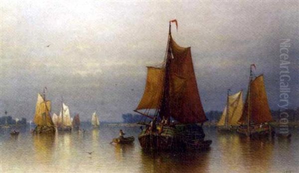 Rhine-boats On The River Maas, Off The Coast Of Dordrecht, Holland Oil Painting by Andrew Fisher Bunner