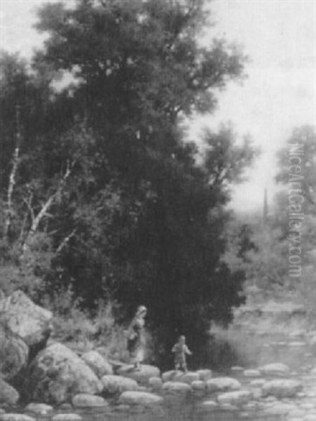 Mother And Child Crossing The River by Andrew Fisher Bunner