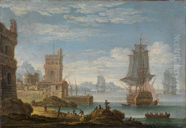 Eine Mediterrane Kustenlandschaft Mit Vor Anker Liegenden Kriegsschiffen Oil Painting by Jan van Bunnick