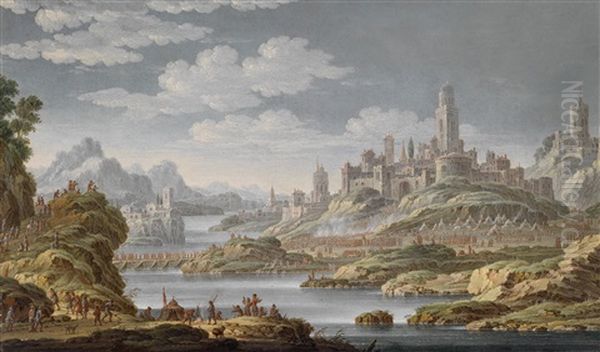 Eine Seeschlacht Und Ein Gefecht Vor Einer Belagerten Stadt (pair) Oil Painting by Jan van Bunnick