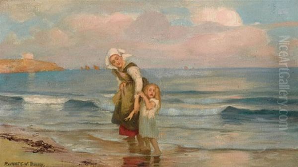 Mother And Child On The Beach Oil Painting by Rupert Bunny