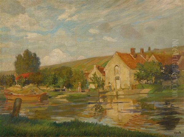 Canal Lock (burgundy) Oil Painting by Rupert Bunny