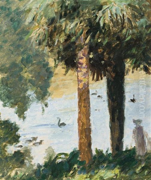 Two Palm Trees (melbourne Botanic Gardens) Oil Painting by Rupert Bunny