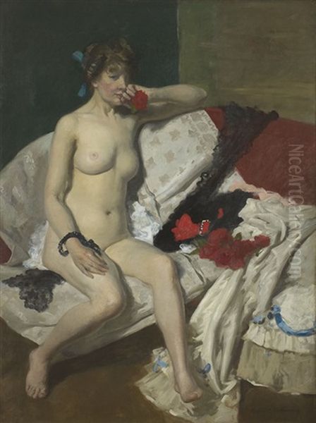 Woman With Rose Oil Painting by Rupert Bunny