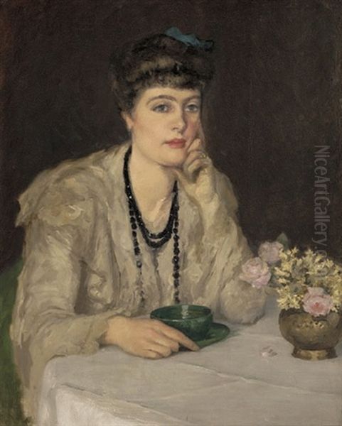 A Cup Of Chocolate (at The Table) Oil Painting by Rupert Bunny