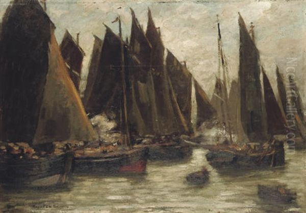 Fishing Boats In A Harbour Oil Painting by Rupert Bunny