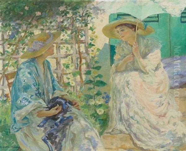 Two Ladies In A Garden (in The Garden) Oil Painting by Rupert Bunny