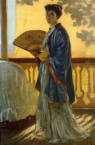 The Fan (the Artist's Wife On The Balcony) Oil Painting by Rupert Bunny