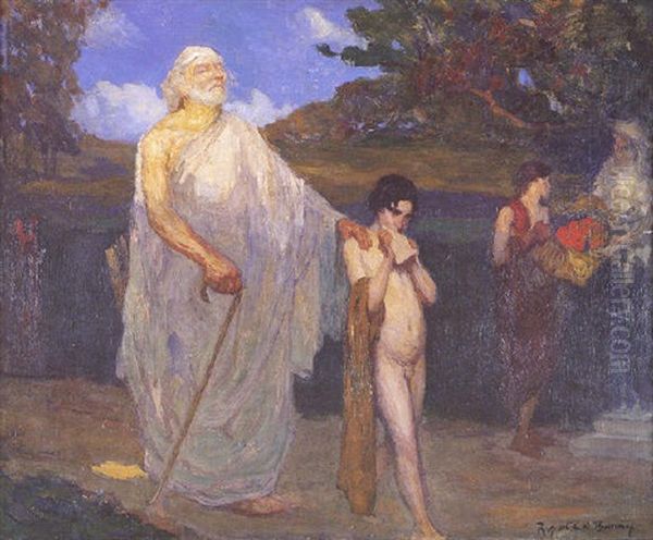 Tiresias Being Led By A Boy Playing The Pipes Oil Painting by Rupert Bunny